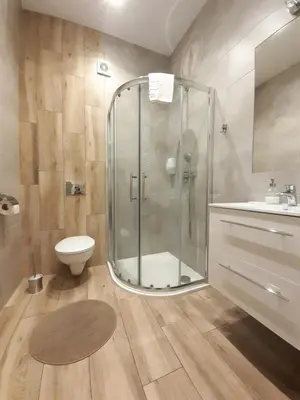 a bathroom with a shower and a toilet and a sink at Old Town Apartments - B42 in Kraków