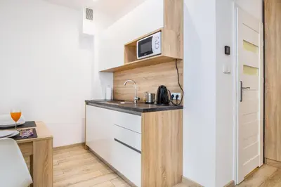 a small kitchen with a sink and a microwave at Old Town Apartments - B42 in Kraków