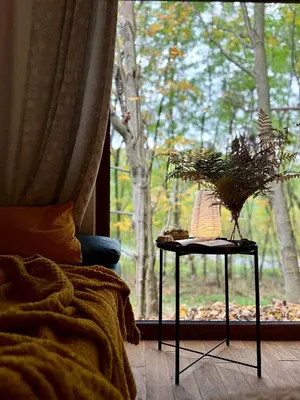 a bedroom with a window with a plant on a table at Rogaty Domek przy Bobrowisku in Kornatka