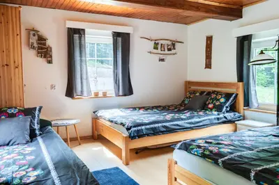 a room with two beds and two windows at Domek Jędrusiówka in Sułkowice