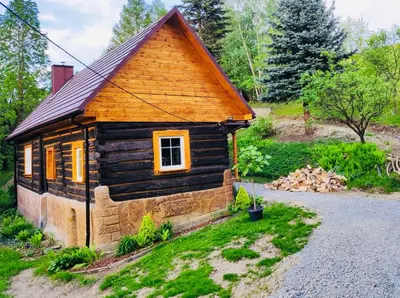 a small log house in the middle of a yard at Domek Jędrusiówka in Sułkowice