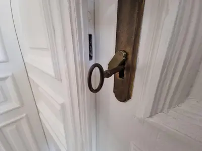 an open door with a metal door knocker on it at Apartamenty Inspiracja in Kraków