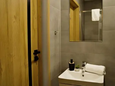 a bathroom with a sink and a mirror at Nadwiślańska Apartments - Lipowa, 11km od Zator, Energylandia in Zator