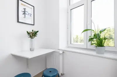 a white room with a window with two plants on it at 1-Bedroom Apartment - Długa 65 in Kraków
