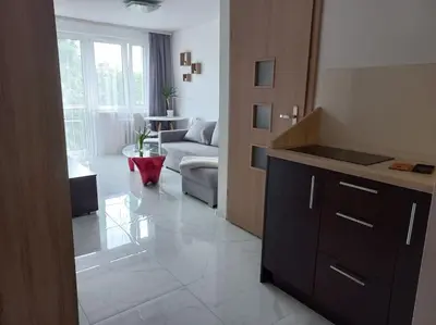 a kitchen and living room with a couch and a table at Kawalerka w centrum in Wadowice