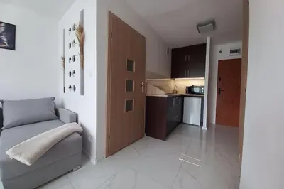 a living room with a couch and a kitchen at Kawalerka w centrum in Wadowice