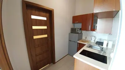 a small kitchen with a sink and a door at Centrum Apartments in Kraków