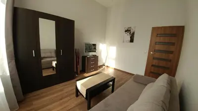 a living room with a couch and a mirror at Centrum Apartments in Kraków