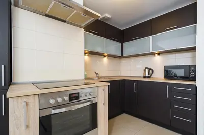a kitchen with black cabinets and a stove at 3-Bedroom Apartment with balcony- Krowoderska in Kraków