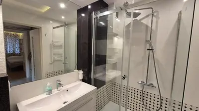 a bathroom with a sink and a glass shower at Apartament Zielony Z Ogrodem in Kraków