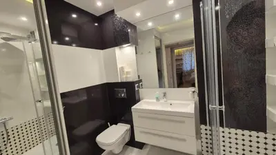 a bathroom with a toilet and a sink and a shower at Apartament Zielony Z Ogrodem in Kraków