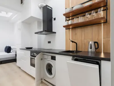 a kitchen with a washer and dryer in a room at Apartment in Kazimierz District - Starowislna 43 in Kraków