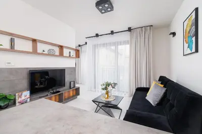 a living room with a black couch and a tv at Modern Apartment Old Town Cracow by Noclegi Renters in Kraków