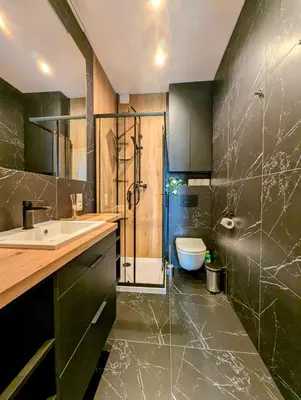 a bathroom with a shower and a sink and a toilet at Dębowa 4 by Homeprime in Kraków