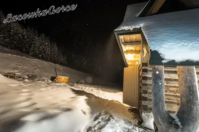 a building covered in snow at night at Prawdziwy domek w górach in Nowy Targ