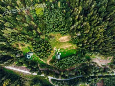 an aerial view of two trucks in a forest at Prawdziwy domek w górach in Nowy Targ