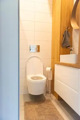 a bathroom with a white toilet in a room at Apartament Słoneczny Rabka Zdrój in Rabka-Zdroj