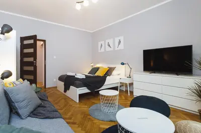 a living room with a bed and a flat screen tv at Two Bedroom Apartment - Rzeszowska 8 Street in Kraków