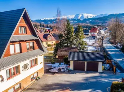 an aerial view of a house with a garage at Jelonek Zawoja in Zawoja