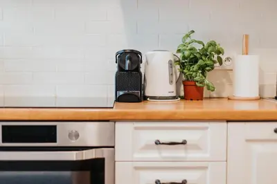a kitchen counter with a coffee maker and a plant at Sight Main Square & Main Train Station & Planty in Kraków