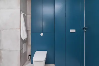 a bathroom with a blue door and a toilet at Terrace Apartment - Lubicz 17 street in Kraków