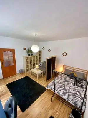 a living room with a bed and a couch at Starowiślna 66 in Kraków