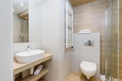 a bathroom with a sink and a toilet and a shower at Apartment for two - Piłsudskiego 1 Street in Kraków