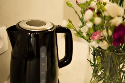 a black coffee pot sitting next to a vase of flowers at Magic Apartments - Siena in Zator
