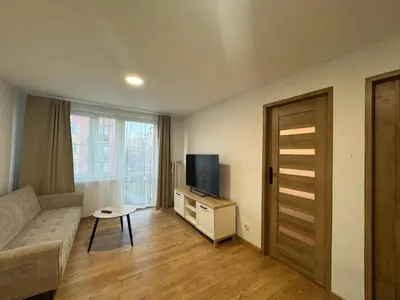 a living room with a couch and a television at Apartament Bałandy 26 in Oświęcim