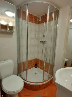 a bathroom with a shower and a toilet and a sink at Krakow Old Town Apartment in Kraków