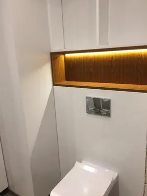 a bathroom with a white toilet and a wooden cabinet at Sonja in Zator