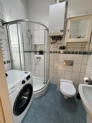 a bathroom with a washing machine and a toilet at Blue Moon Main Square Apartment in Kraków