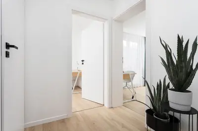 a hallway with a door and a potted plant at SOL Apartment in Kraków