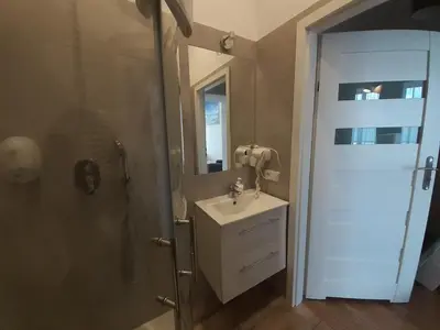a bathroom with a sink and a shower and a mirror at Old Town Apartments - B20 in Kraków