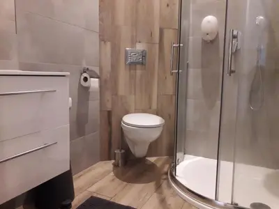 a bathroom with a toilet and a shower at Old Town Apartments - B19 in Kraków