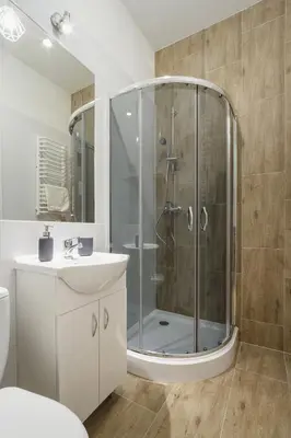 a bathroom with a shower with a sink and a toilet at 2 bedroom apartment - Old Town - Zwierzyniecka 8 street in Kraków