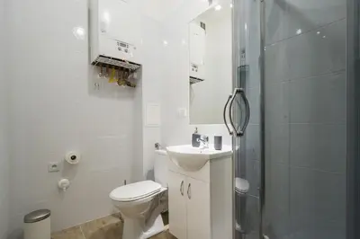 a white bathroom with a toilet and a shower at 2 bedroom apartment - Old Town - Zwierzyniecka 8 street in Kraków