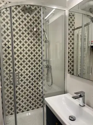 a bathroom with a shower and a sink at Wawel Crown Apartments in Kraków