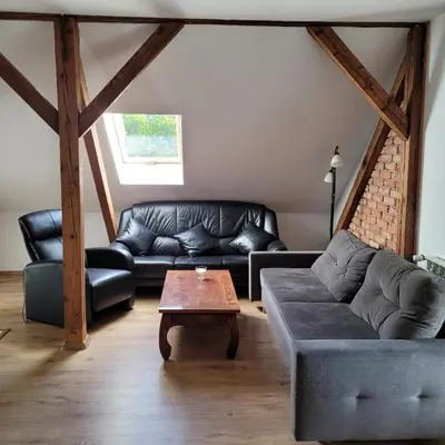 a living room with a leather couch and a coffee table at Dom dla 6 osób in Oświęcim