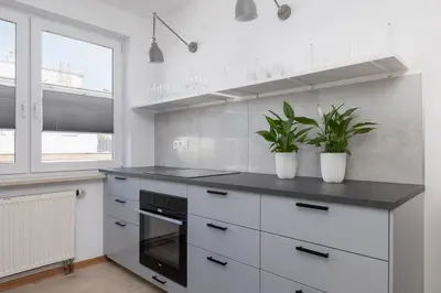 a kitchen with white cabinets and two potted plants at 4 bedroom apartment with a balcony - Prochowa 1 in Kraków