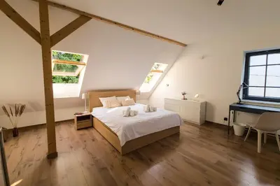 a bedroom with a bed and two windows and a piano at Dom z ogrodem i prywatnym parkingiem w Krakowie in Kraków
