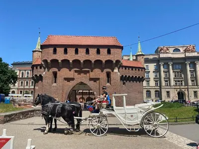 a horse drawn carriage in front of a building at Art Inn Space in Kraków