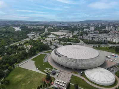 an overhead view of a large building in a city at Lema Apartment near Tauron Arena in Kraków