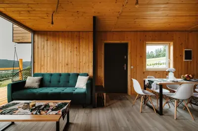 a living room with a green couch and a table at Przystanek Modyń in Młyńczyska