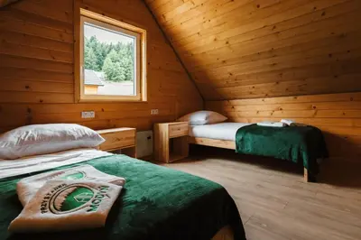 a bedroom with two beds in a log cabin at Przystanek Modyń in Młyńczyska