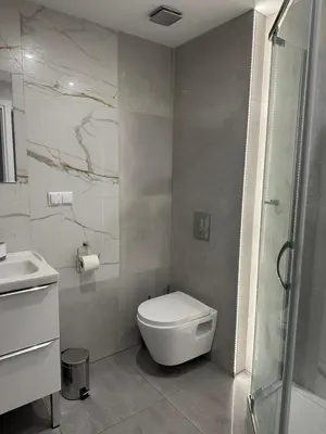 a bathroom with a white toilet and a shower at Domek Babiogórka in Zawoja