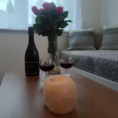 a bottle of wine and two glasses on a table at Apartament Gotowizna in Wadowice
