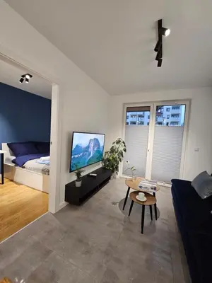 a living room with a couch and a tv and a bed at Apartament Centralna Park in Kraków