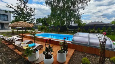 a swimming pool with a bunch of potted plants at Apartament Miętowe Marzenie in Chrzanów