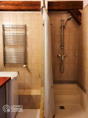a shower with a shower curtain in a bathroom at A Stone's Throw Apartment in Kraków